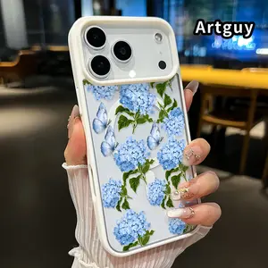 Magnetic Phone case for iPhone 17 16  Pro Max Plus 15 14 13 12 11 Air E Hydrangea and Butterflies Pattern Non-Yellowing Shockproof Soft Silicone Transparent Acrylic Cover Supports Wireless Charging