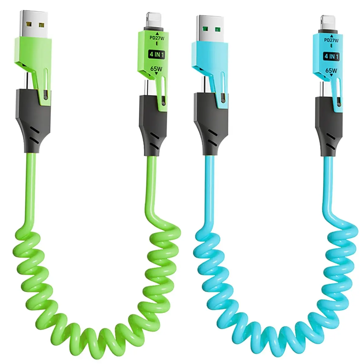 2 Pack 4-in-1 Coiled Charging Cable - 65W Fast Charge, Retractable Design