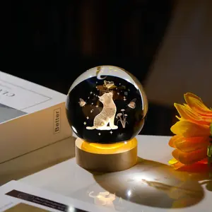 3D Crystal Cat Butterfly Figurines Ball with Colorful Light Base, Laser Engraved Cat Gifts for Women Men on Birthday, Animal Snow Globes Figurine Collection for Home Decor