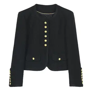 DS Unique Design Women's Elegant Fitted Tweed Overcoat - Autumn-Winter Basic Long-Sleeve Top Clothes, Black Round Neck, 6-Button Coarse Wool Jacket, Elegance