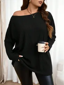 Plus Size Loose Striped Knit T-Shirt, Casual Solid Color Autumn Clothing, Comfortable Women's Fashion for Fall