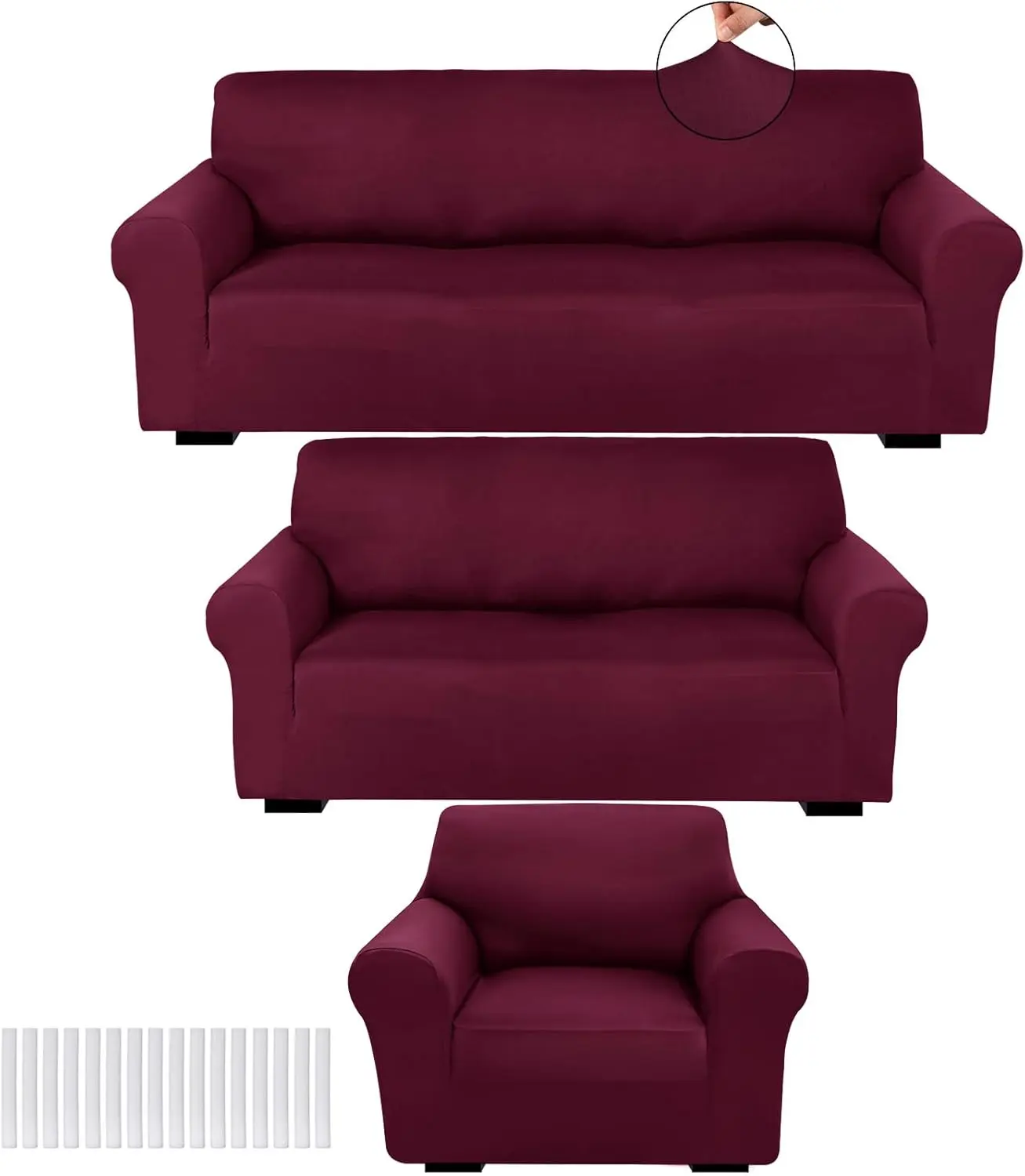 3-Piece Elastic Sofa Slipcover Set - Soft Sofa Protector for Loveseat, Armchair, Form-Fit Stretch, Wrinkle-Free, Milk Silk Spandex Fabric (Burgundy)