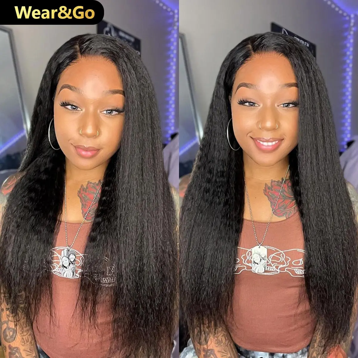 OQHAIR Kinky Straight 7x5 Pre Cut HD Lace Wear Go Glueless Wigs Bleached Tiny Knots Lace Closure Wigs Pre Plucked Human Hair