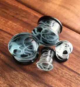 PAIR of Swirling Smoke Style Pyrex Glass Double Flare Plugs - Gauges 2g (6mm) through 5/8" (16mm)