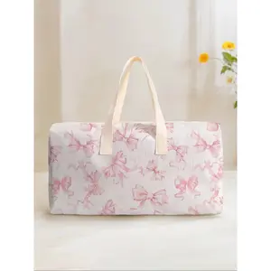 Capacity Corduroy Travel Bag Luggage Backpack, Portable Travel Bag, Bow Pattern Printed, Casual Yoga Fitness Handbag, Ideal for Short Trips Weekend Outing Daily Commute