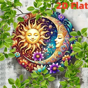 Vintage Sun and Moon Flowers Metal Wall Art Decor 2D Flat Round Sign Waterproof Durable Home Bar Cafe Garage Decor Perfect for Room Restaurant Office Trim Plate Wall Decor