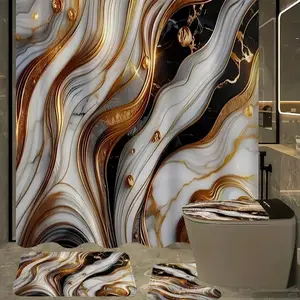 1/4 pcs white gold marble pattern shower curtain set, Shower Essentials, non-slip floor mat, U-shaped carpet, toilet lid cover, perfect for bathroom decoration, partition, beautify the space, free 12 shower curtain hooks