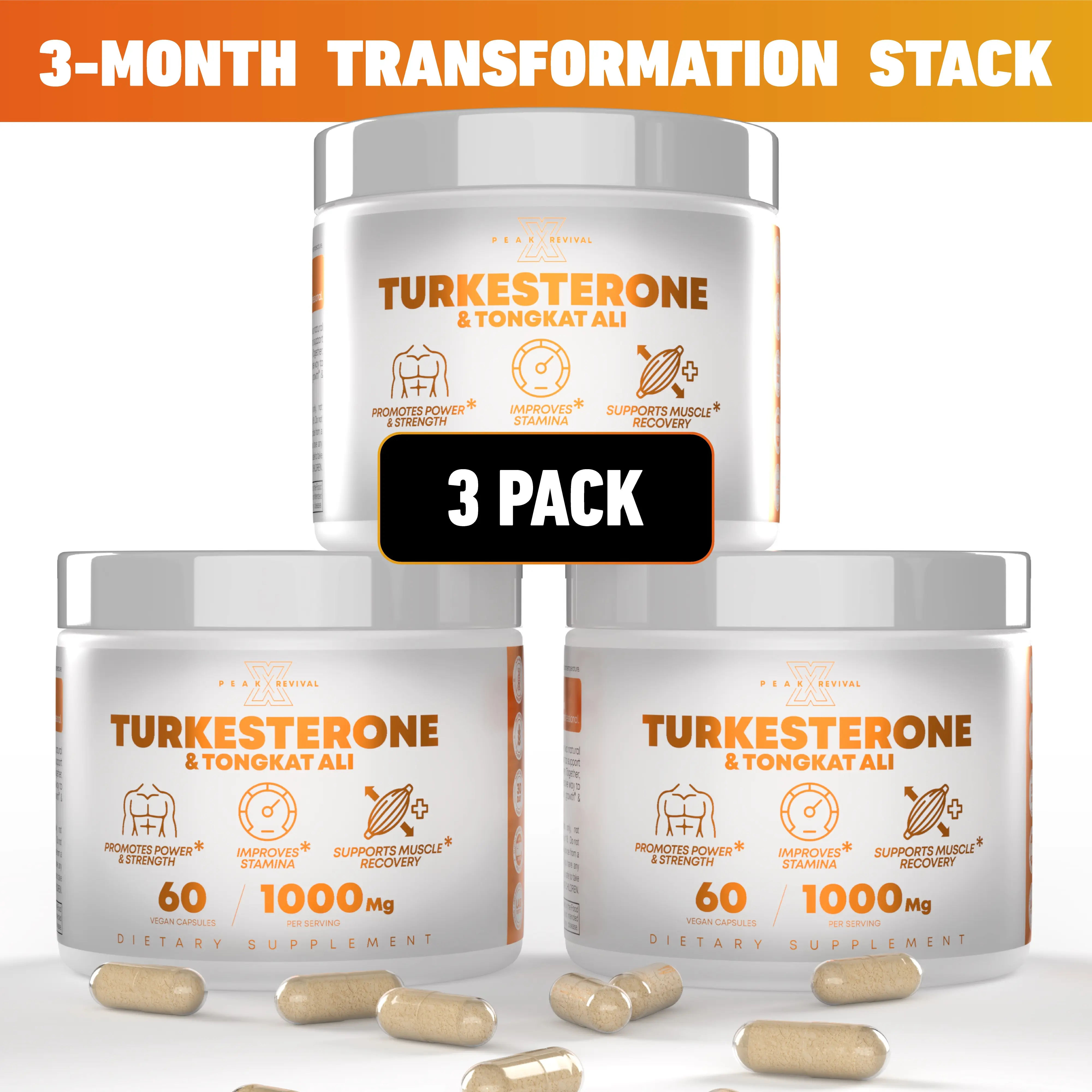 Peak Revival-X 3 Month Transformation Stack (3 Pack) Turkesterone & Tongkat Ali Supplement 1000mg Per Serving 60 Capsules Non-GMO Gluten-Free Dietary Supplement