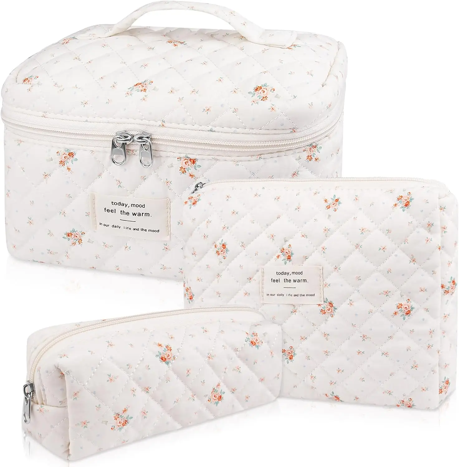 3Pcs Floral Quilted Cotton Makeup Bag Set, Cute Cosmetic Organizer, Portable Travel Toiletry Bag for Women, Large Capacity Storage Pouches