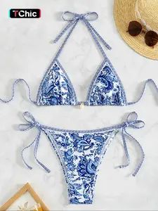 Women's All Over Print Bikini Set, Chic Halter Neck Swim Bra & Tie Side Swim Thong, Ladies Swimsuit for Summer Beach Holiday Vacation, Halter Bikini Top Bikini Swimsuits