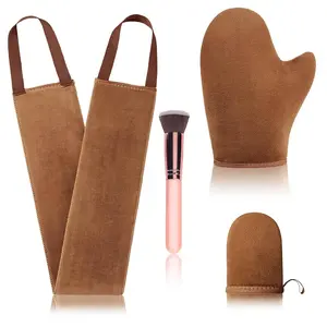 4 Pcs Self Tanner Mitt Applicator Kit - Reusable Washable Soft Streak-Free Glove, Back Applicator, Mini Facial Mitt, Cosmetic Brush, Sunscreen-Compatible for All, Single Item Inclusive (Brown)