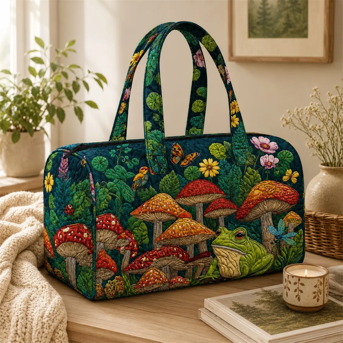 Mushroom Frog Print Quilted Weekender Bag, Large Capacity Overnight Duffel Tote for Women, Lightweight Travel Carryall with Zipper for Vacation, Gym & Sleepover
