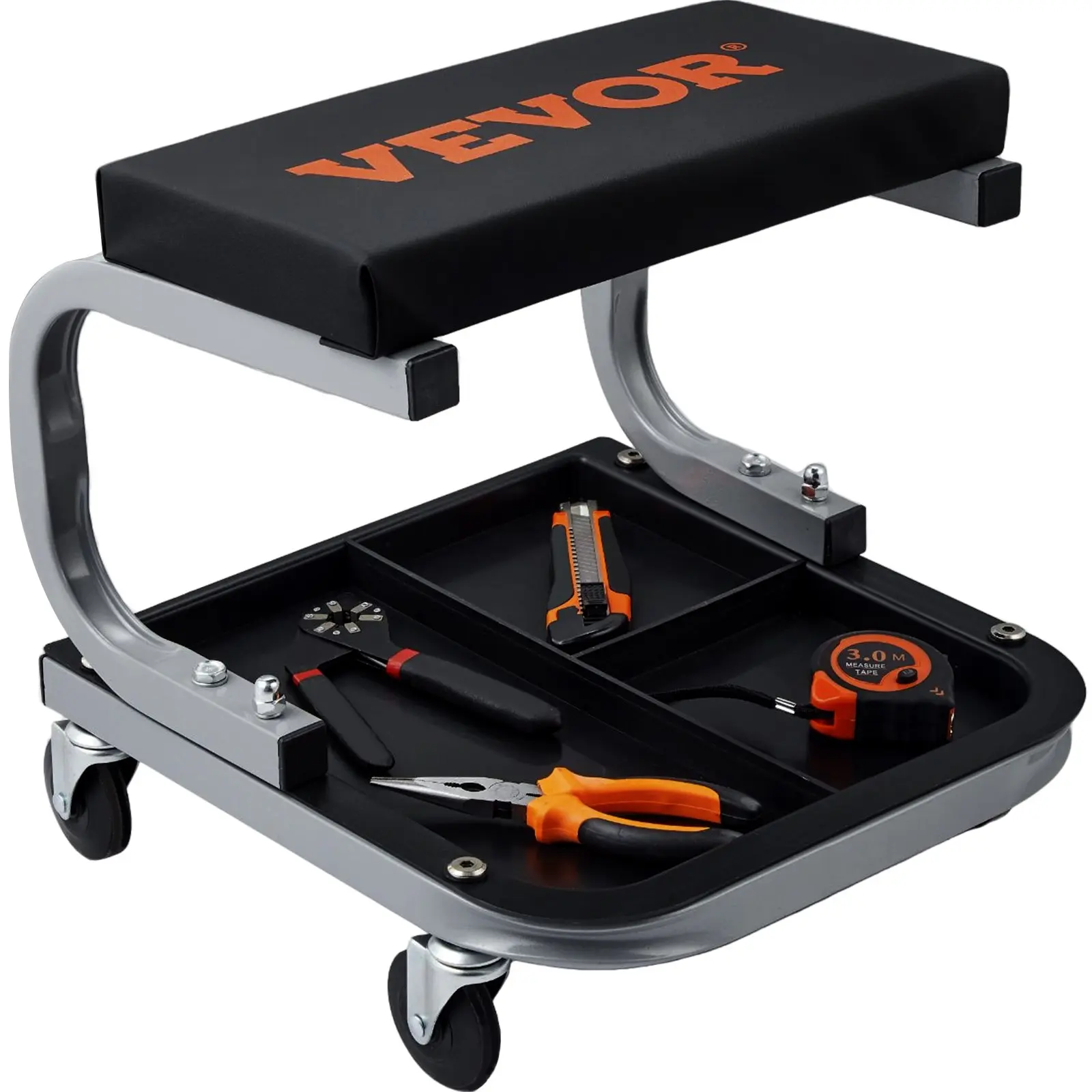VEVOR Steel-PU Rolling Creeper Single Seat Chair, 250lb Capacity Padded Shop Stool with Caster Wheels, Tool Tray Storage, Flexible Movement, Stable Support, 36×36×36cm Mechanic Chair for Garage Auto Repair, Black