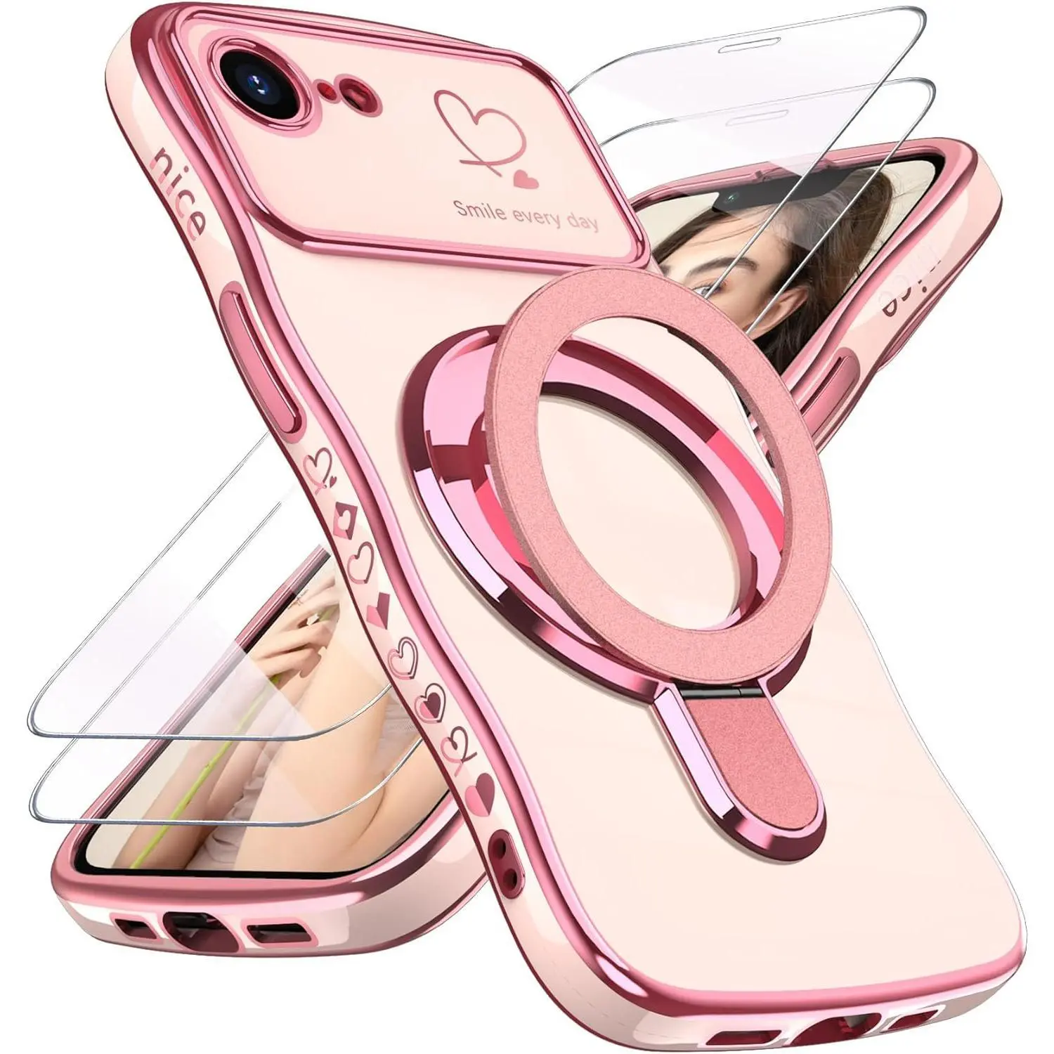 Wavy Love Heart Kickstand Protective Phone Case with 2X Screen Protector for iPhone 17e/16e 6.1in (Pink) - Luxury Plated Gold Edge, Slim Soft TPU, Shockproof Cellphone Accessory