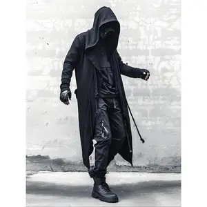 Men’s hooded cape in a cyberpunk street casual style, open-front jacket with rope decoration, suitable for everyday and holiday wear, as well as Halloween role-play. GARMENTARY