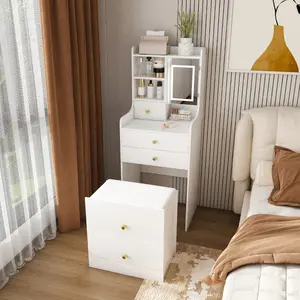 3-in-1 Vanity Desk with LED Mirror and Lights, Compact Makeup Vanity Table with 4 Drawers, Storage Cabinet, Hidden Stool & Shelves for Bedroom, Brightness Adjustable, White