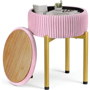 18-Inch  Vanity Stool Chair with Storage, Vanity Bench with 4 Golden Metal  & Anti-Slip Adjustable ,Round Storage Ottoman Stool with Removable Soft Padded Seat,