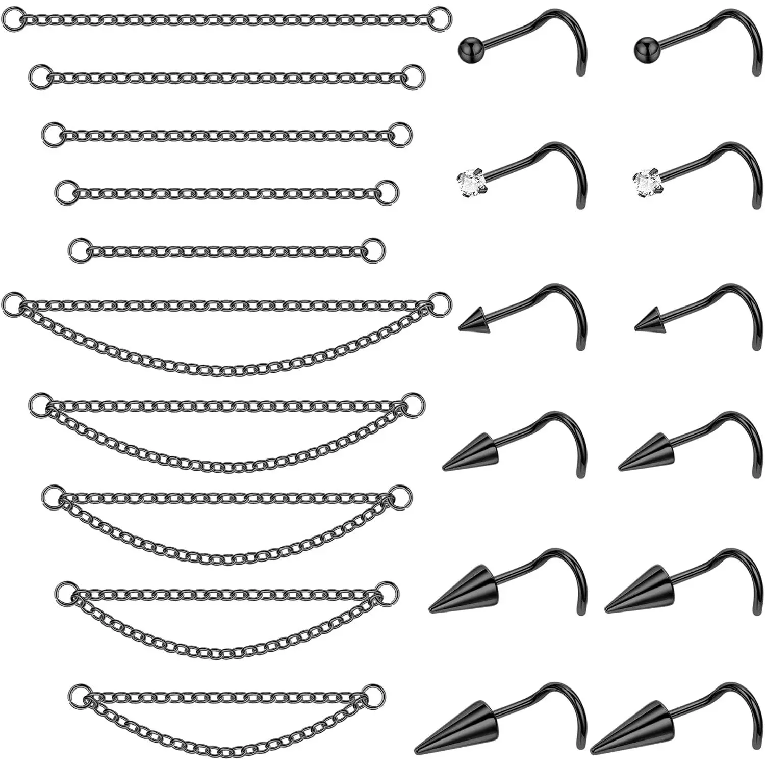 22Pcs 20G Surgical Steel Nose Ring Chain Nose Ring Stud for Women Men Double Nose Chain Piercing Across Nose Spike Ball CZ Nose Studs Nostril Piercing Jewelry