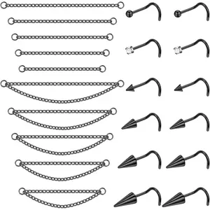 22Pcs 20G Surgical Steel Nose Ring Chain Nose Ring Stud for Women Men Double Nose Chain Piercing Across Nose Spike Ball CZ Nose Studs Nostril Piercing Jewelry