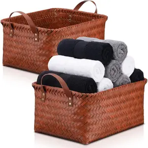 2 Pack Handwoven Clothes Basket 2 Size Laundry Hampers with Handles Wicker Storage Basket for Closet & Bathroom Organization, Rectangular Bins for Clothes, Blankets, Towels, Brown