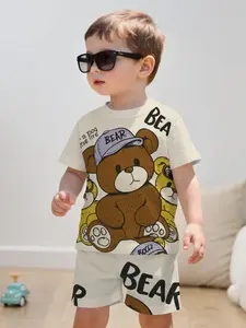 Cute Baby Toddler Bear Set: Hatless Bear Print Summer Short Sleeve Top + Matching Shorts, Casual Soft Adorable Outfit for Outdoor Wear