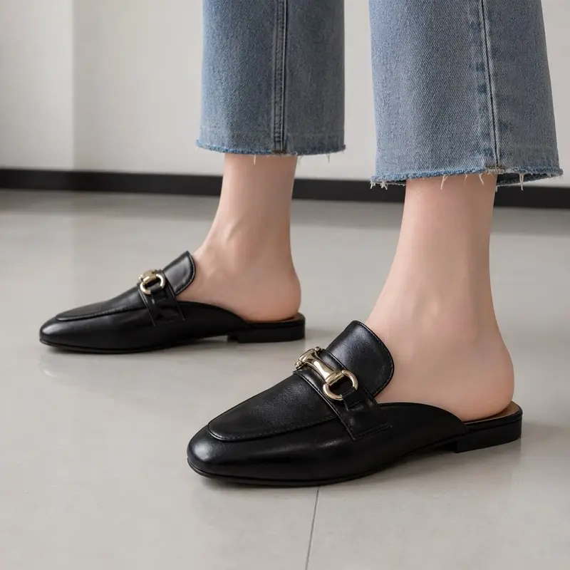 Women's Loafers with Gold Buckle PU Leather Mules for Comfortable Everyday Wear, Round Toe, Slip On, Plain Design, Summer Workwear