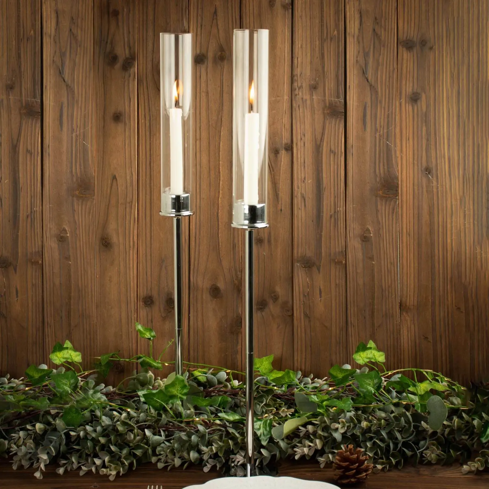 2-Pack Silver Metal Taper Candlestick Holders 24" - Clear Glass Hurricane Candle Stands With Chimney Candle Shades