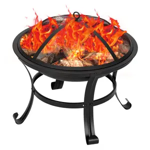 Outvita 22 inch Round Metal Wood Burning Fire Pit with Lid and Poker for Backyard Garden Gatherings