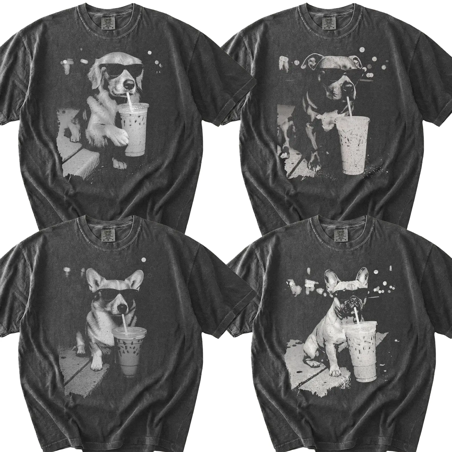 Comfort Colors Vintage 50+ Dog Drinking Iced Coffee T-shirt, Funny Dog Shirt, Dog Breeds Graphic Tee, Dog Dad Unisex Tee, Dog Lover Shirt Gift - Valley State Co