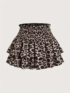 Leopard Print Double Layer Frill Hem Pleated Skirt, Stylish Casual Midi Skirt for Women, Perfect for Summer & Fall Fashion