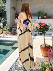 Tie dye V Neck Caftan, Boho Black Kaftan, Oversized Kaftan Cut Cold Shoulder Dress Beach Cover up Vacation outfit Resort Dress Gift for her