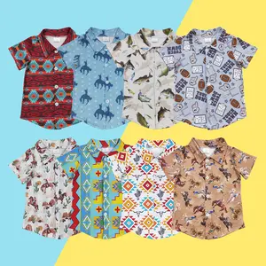 Boys' Polyester Western Print Short-Sleeve Button-Up Shirts - Cowboy, Cactus, Aztec Designs, Medium Length, Southern & Street Styles, True-to-Size, Comfortable for Casual & Vacation Wear,summervibes