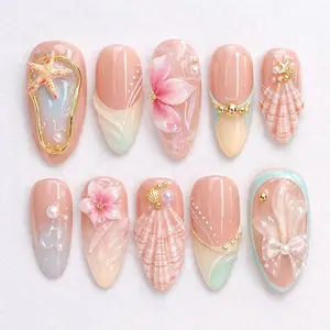 D11 - Elegant Peach Seashell Press-On Nails, 3D Starfish Shell and Floral Details with Gold Accents, Soft Nude Gradient Glossy Handmade Nail Set for Beach Vacation Vibes, Gift for Her, Summer Nails