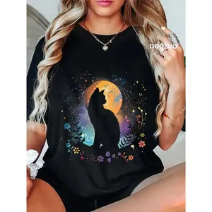 100% Cotton Casual Short-Sleeve Round Neck Streetwear Top, Unisex Halloween Black Cat Moon Costume T-Shirt for Cat Lovers