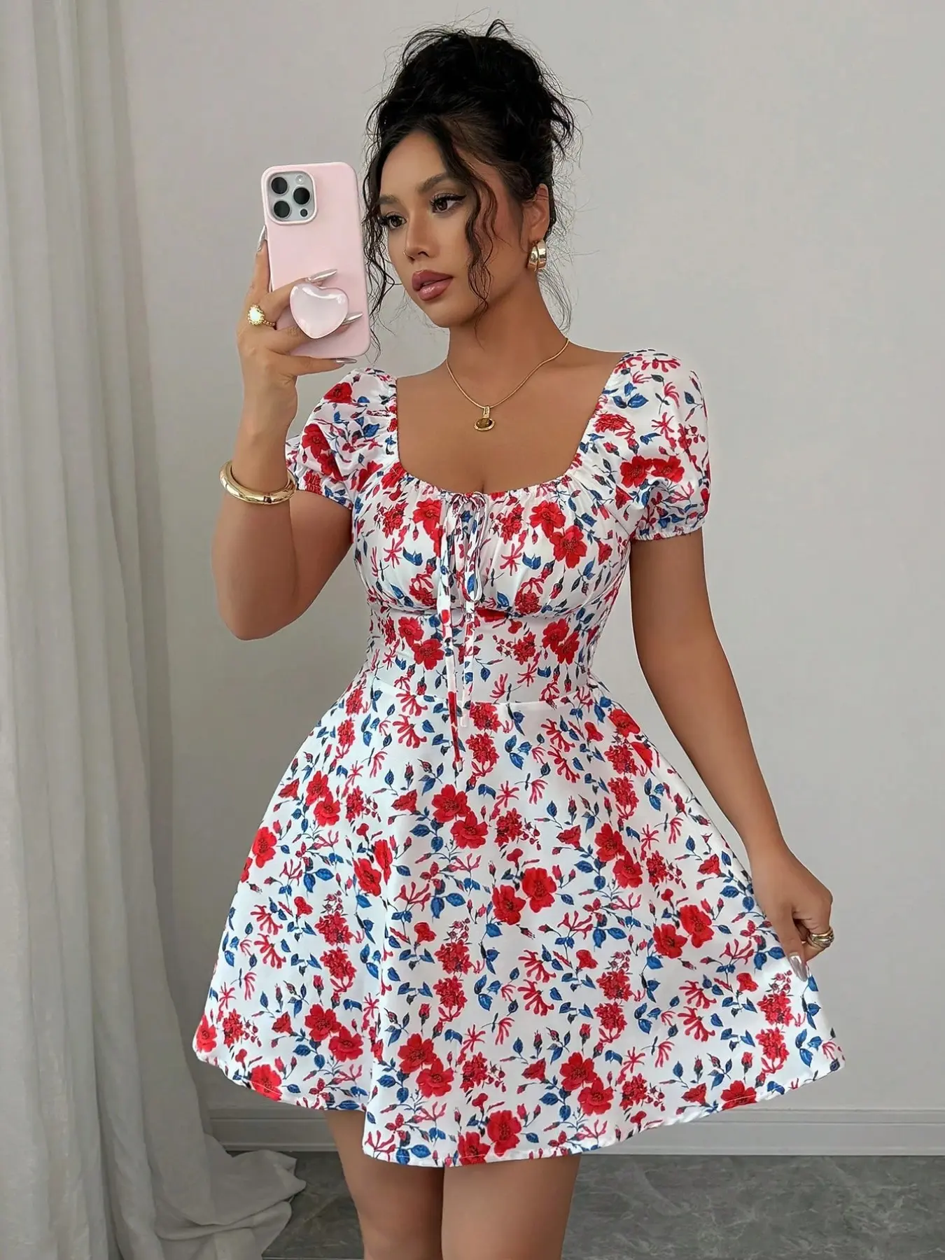 Elegant Floral Print Bubble Sleeve Mini Dress for Women, Womenswear, New Arrival, Trendy Summer Wear, Casual Wear, Chic Vibe, Perfect for Vacation & Daily Wear, Cinched Waist Design, Stylish and Comfortable