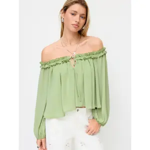 Cider Chiffon Off-shoulder Ruffled Long Puff Sleeve Knotted Blouse Dealsforyou