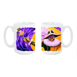 212 MAIN Mardi Gras Hey Mister Reusable Ceramic Coffee Cup - 15oz Large Ceramic Drinkware Mug, Dishwasher-Washable, Microwave-Safe for Coffee, Tea Use (Reuse Design)