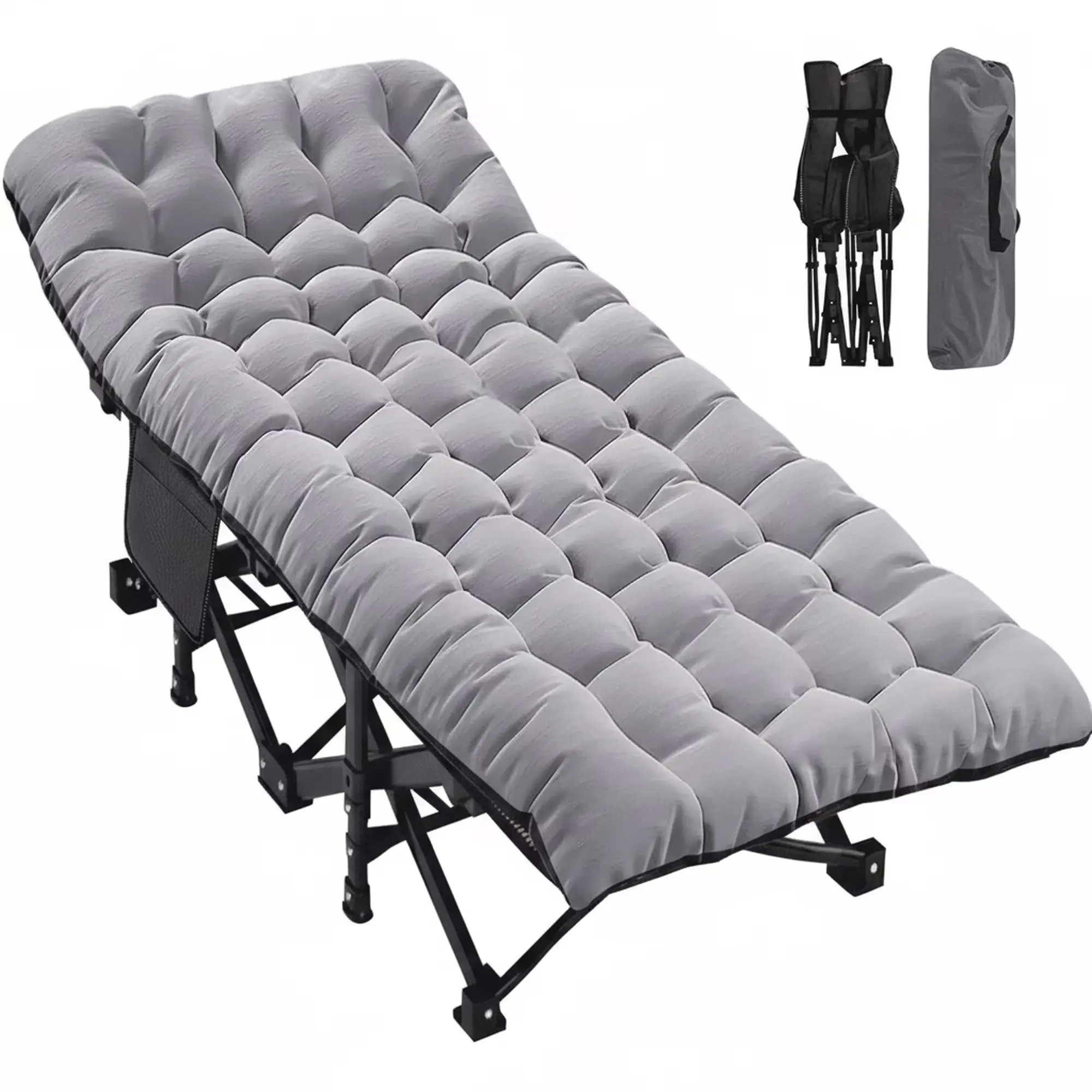 Adult Folding Camping Cot - Adjustable Reclining Sunlounger with Padded Mattress, Pillow, Sturdy Collapsible Frame, Portable Easy-Setup Sleeping Bed for Camping, Office Relaxation, Camping Furniture