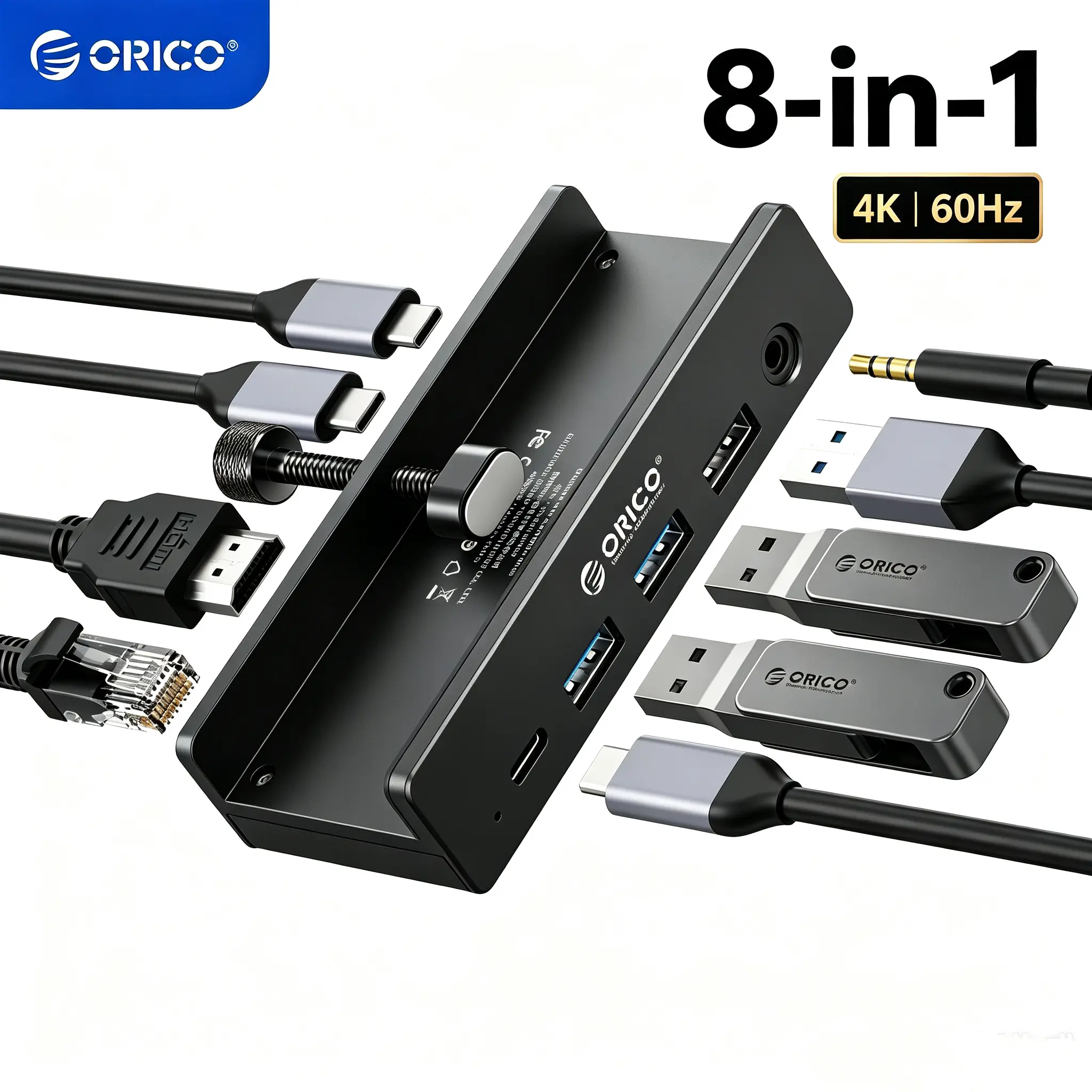 ORICO Metal Body 8-in-1 Clip Docking Station Multiport Adapter - 4K@60Hz HDMI, 100W USB-C Power Delivery, 1x Gigabit Ethernet, 4x USB Port Extender, AUX, 10Gbps for Laptops, MacBooks (Adapter Not Included) - MH8P