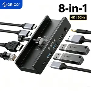 ORICO Clip Docking Station, 8-in-1 Clamp USB C Hub with 4K@60Hz HDMI, 100W PD, Gigabit Ethernet, 4xUSB Port, AUX, 10Gbps Clamp Docking Station for Laptop, MacBook, PC (Adapter Not Included) - MH8P