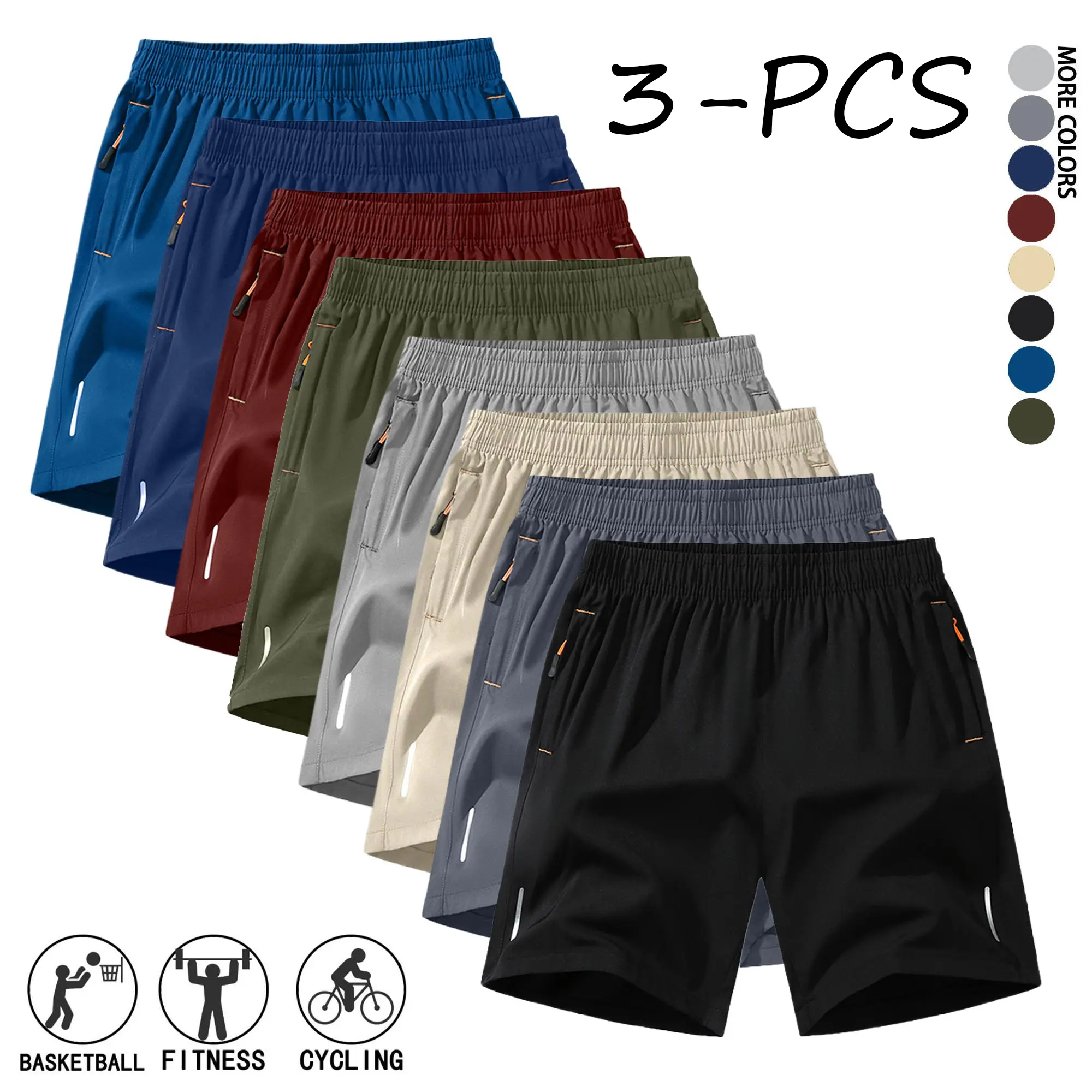 3-pack; Men’s loose-fit polyester athletic shorts with zippered pockets and reflective stripes, machine washable, suitable for everyday wear and running/fitness., Outdoor Sport, Reflector Strips