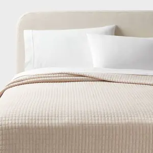 Full/Queen Jersey Quilt Oatmeal Heather - Threshold: Cotton Knitted Coverlet, Heavyweight Fabric, Machine Washable