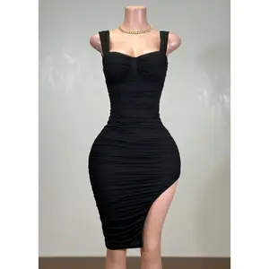 SUNLIGHT BLACK MESH RUCHED BODYCON MINI DRESS