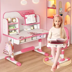 Explorinox 2Pcs/Set Premium Kids Study Desk Chair Set, Height Adjustable Children School Study Table Chair Set with Astronaut Pattern, Ergonomic Desk Chair with Large Writing Board, Bookshelf and Drawer (Pink, Blue)