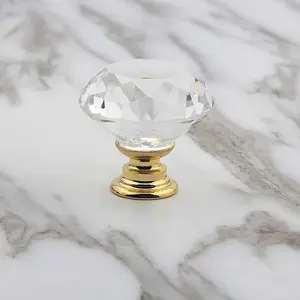 5 Pack Crystal Glass Cabinet Knobs - 30mm Clear Diamond Shape Decorative Gold Base Pulls Handles for Drawer Dresser Kitchen Cabinets Wardrobe Bathroom Vanity Desk (Gold)