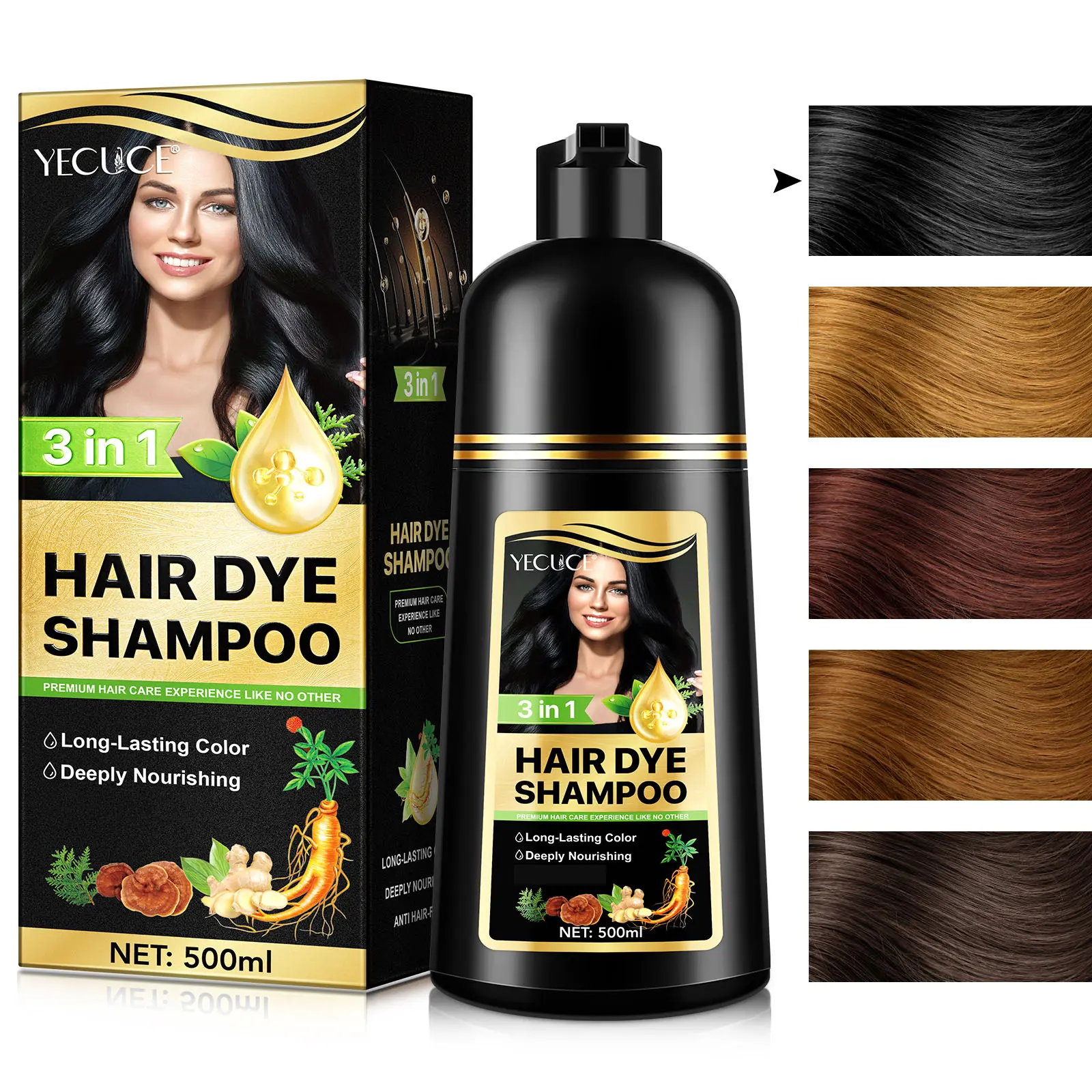 Yecuce 3-in-1 Argan Oil Black Hair Dye Shampoo - Mild, Semi-Permanent Color for Gray Coverage, Hair Coloring & Conditioning, 500ml, Haircare campingessentials, Hair Coloring Products, Dyeing Hair