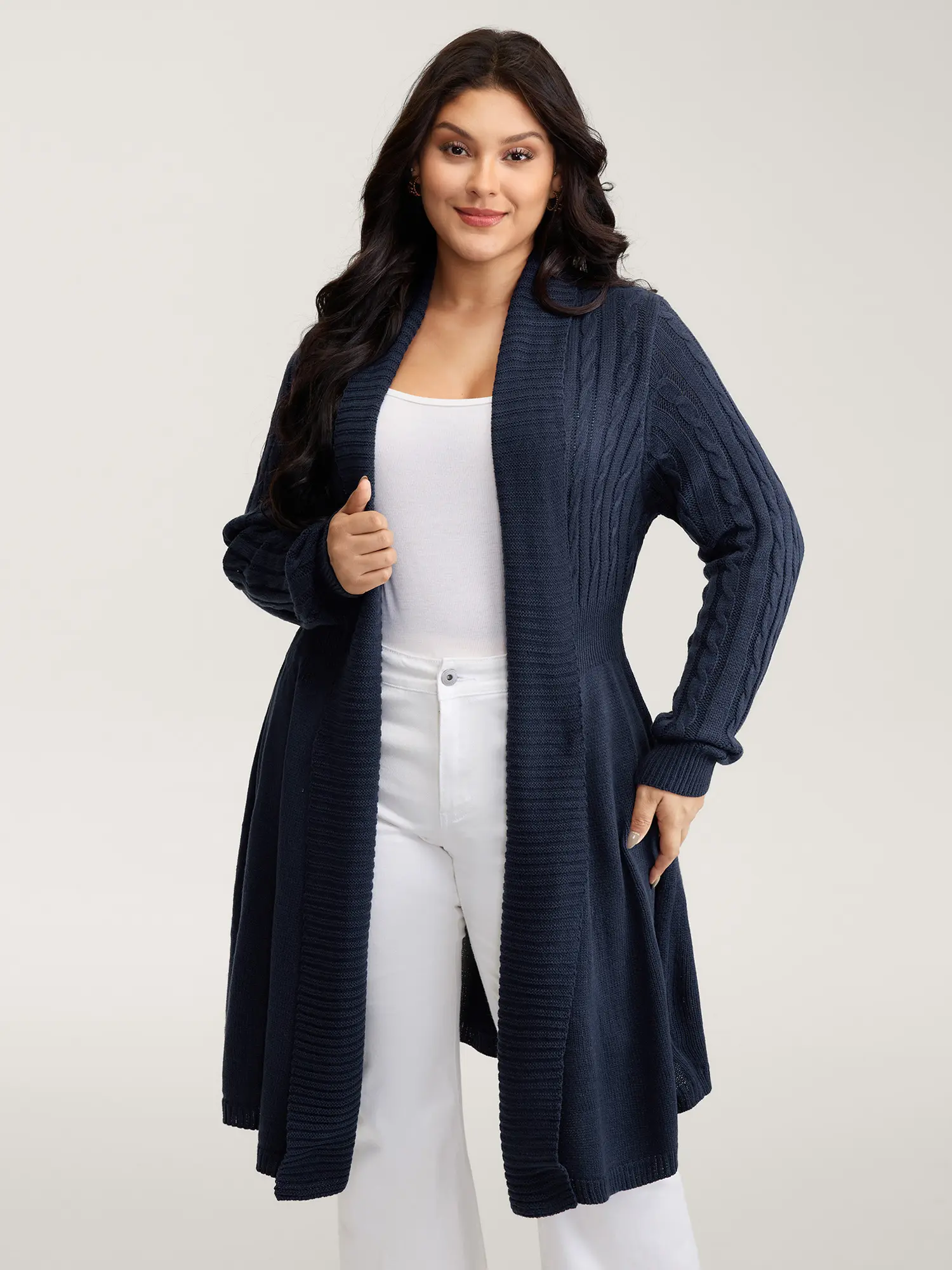 BloomChic Lady's Cable Knitting Cardigan - Open Front, Timeless Kimono Collar, Long Regular Sleeves, Cinch Flare Waist, Short Length Casual Top, Longsleeves, Fashion Casual Top, Knitwear, Cable-Knit, Low Stretch, Women, Bodycon Cut, Flared Waist, Fit