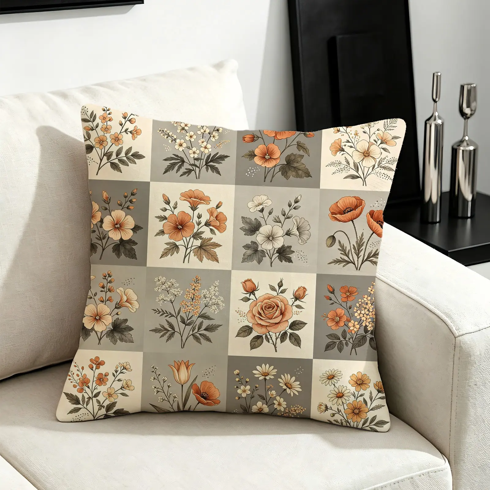 Vintage Floral Checkerboard Throw Pillow, Soft Microfiber Cushion with Filler, Machine Washable, All-Season Decorative Pillow for Sofa Cafe Bedroom, Gift Idea