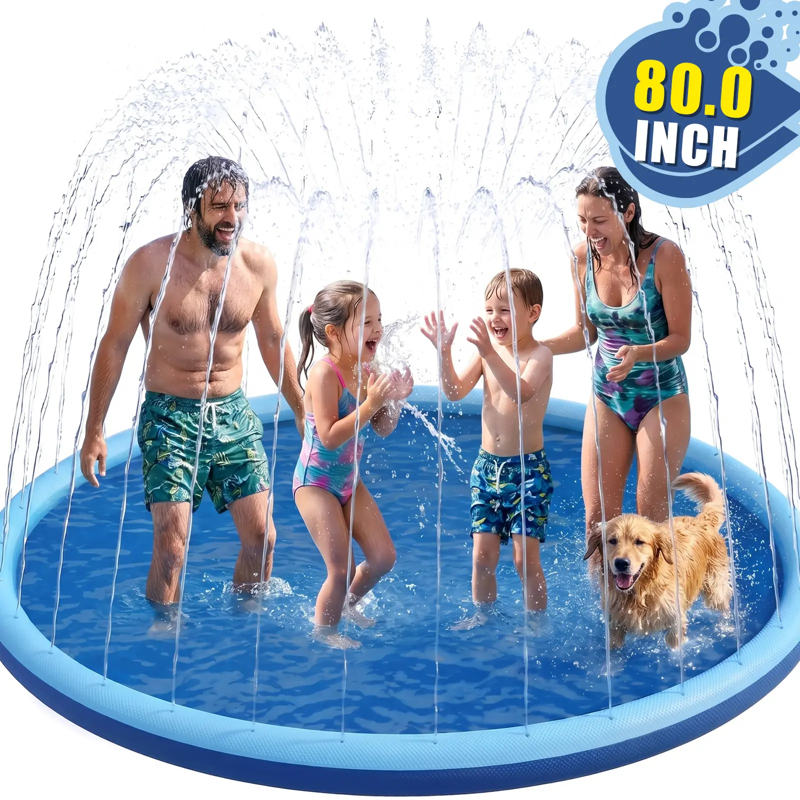 80in Unisex Non-Slip Splash Pad for Kids - 5mm Reinforced Edges, 0.58mm Thick Pool, BPA-Free PVC, Adjustable Spray, Aged 2+ Yrs, Garden Hose Compatible Outdoor Water Toy for Lawn Fun
