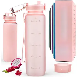 Water Bottle with Time Marker -Large BPA Free Water Bottle & No Sweat Sleeve -Leak Proof Gym Bottle with Fruit Infuser Strainer & Times to Drink -Ideal  ness Sports & Outdoors
